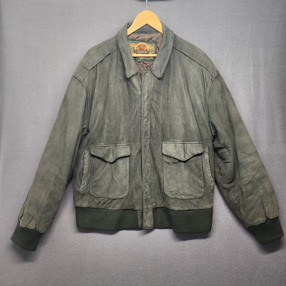 Vintage Cayenne Leather Jacket Coat Mens Large Green Bomber Utility YKK Zipper